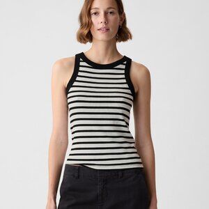 NWT Gap Modern Rib Halter High Neck Ringer Tank Top - Black & White Stripe - L